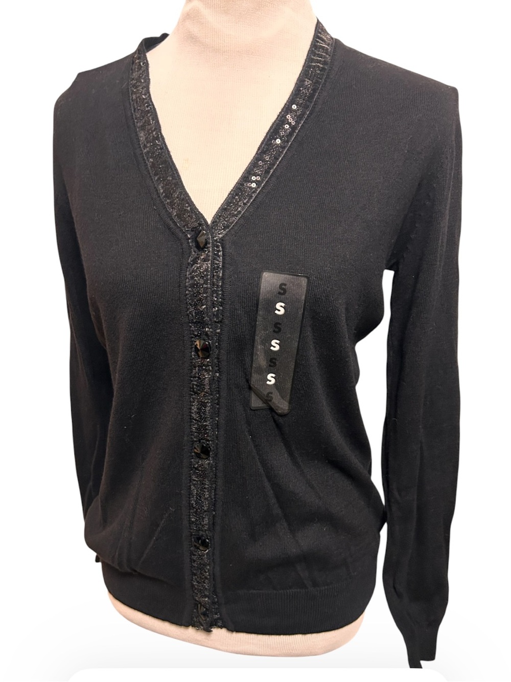 NWT Black Knit V-Neck Cardigan Sweater Sparkle Sequin Trim Holiday 2010s Small